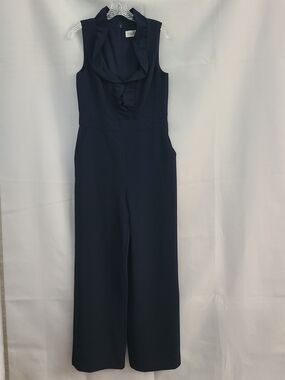Eliza J Sz 8 Navy Ruffle Neckline Cropped Wide Leg Office Work Jumpsuit